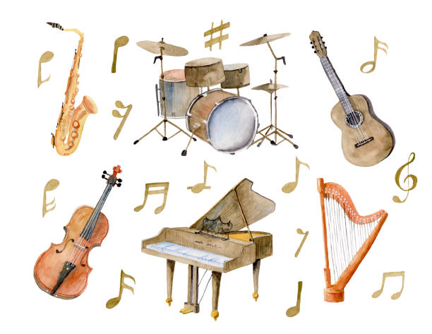 ilustraciones, imágenes clip art, dibujos animados e iconos de stock de set de acuarela con instrumentos musicales - musical instrument string illustrations