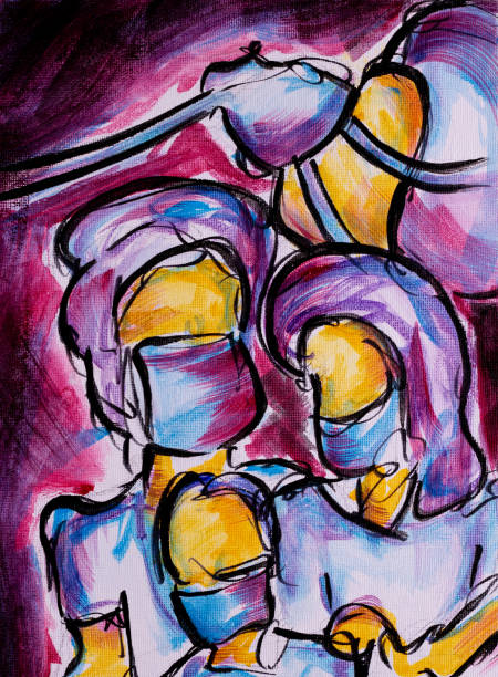 Covid family in hospital abstract painting Gesture painting representing the sadness associated with Covid-19. Acrylic and ink on canvas. ventilator background stock illustrations
