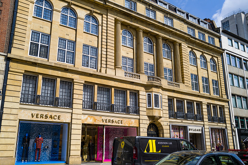 Liverpool, Merseyside, United Kingdom: The front of St George's Hall in Liverpool town centre with banners promoting the Eurovision Song Contest Liverpool 2023 in support of Ukraine