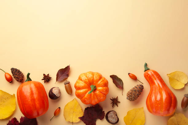 istock Creative autumn composition. Orange pumpkins with leaves on beige background. 1339297586