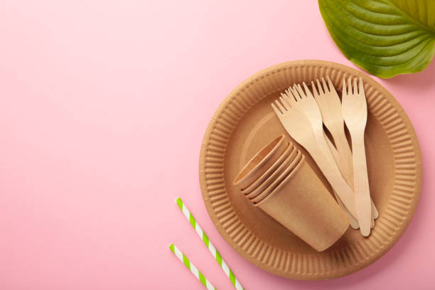 istock Eco friendly disposable dishes with green leaves on pink background. Zero waste, eco friendly, plastic free background. 1339297942