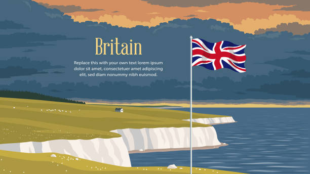 Flag of the United Kingdom in front of a scenic national landscape with the white cliffs of Dover. Detailed flat vector illustration of a flying flag of the United Kingdom in front of a scenic national landscape with the white cliffs of Dover. Happy Independence Day. Contains a placeholder text. north downs stock illustrations