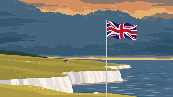 Detailed flat vector illustration of a flying flag of the United Kingdom in front of a scenic national landscape with the white cliffs of Dover. Happy Independence Day. Room for text.