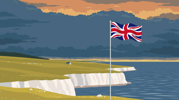 Flag of the United Kingdom in front of a scenic national landscape with the white cliffs of Dover. Detailed flat vector illustration of a flying flag of the United Kingdom in front of a scenic national landscape with the white cliffs of Dover. Happy Independence Day. Room for text. north downs stock illustrations