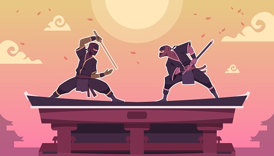 Ninja fight. Cartoon scene with ancient Japanese warriors in black kimono with swords. Shinobi duel. Assassins standing in combat positions on building roof. Vector fighting game screen
