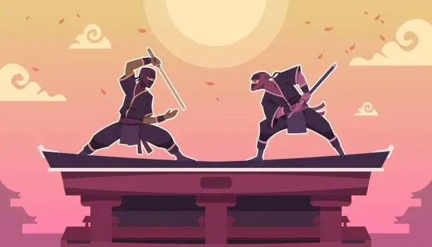 Vector illustration of Ninja fight. Cartoon scene with ancient Japanese warriors in black kimono with swords. Shinobi duel. Assassins standing in combat positions on building roof. Vector fighting game screen
