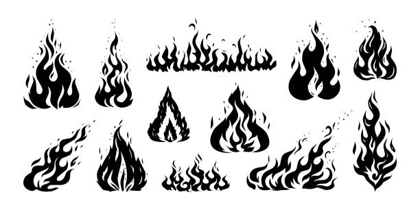 손으로 그린 불꽃. 악마의 빈티지 스케치 는 조각 화재. 모닥불의 복고풍 실루엣. 흑백 벽난로 아이콘. 산불 이나 점화 징후 모형. 벡터 블레이즈 스텐실 세트 - fire stock illustrations