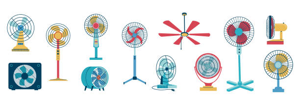 stockillustraties, clipart, cartoons en iconen met electric fan. home and office air blower with blades. cooling floor and desktop machine. ceiling mounting conditioning devices. vector household electrical ventilation equipment set - elektrische ventilator