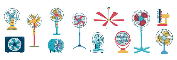 Electric fan. Home and office air blower with blades. Cooling floor and desktop machine. Ceiling mounting conditioning devices. Vector household electrical ventilation equipment set Electric fan. Home and office air blower with blades. Cooling floor and desktop rotating machine. Ceiling mounting conditioning devices. Vector isolated household electrical ventilation equipment set ceiling illustrations stock illustrations