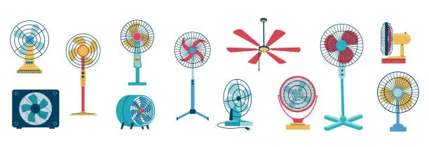 Vector illustration of Electric fan. Home and office air blower with blades. Cooling floor and desktop machine. Ceiling mounting conditioning devices. Vector household electrical ventilation equipment set