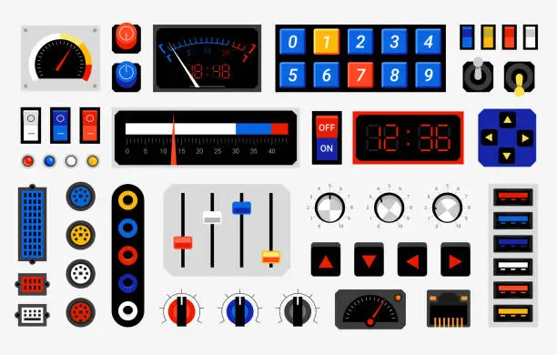 Vector illustration of Retro control panel. Computer dashboard elements. Dials or connection ports. Controller buttons template. Electronic indicators with arrows. Vector console switches and toggles set