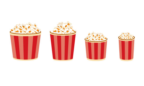 ilustrações de stock, clip art, desenhos animados e ícones de popcorn buckets. large medium and small portion sizes of movie snacks. film premiere junk food in paper boxes. isolated cinema meal. vector containers set full of sweet or salt corn - the media