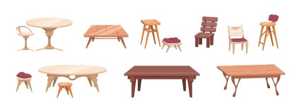 木製家具。ダイニングルームと屋外パティオ用の漫画のテーブルと椅子。アンティークとモダンなテーブルは木材から。バースツール。白の内部要素。ベクターホーム木工セット - house home interior wood indoors点のイラスト素材／クリップアート素材／マンガ素材／アイコン素材