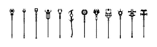 Black wizard staff. Magic sorcerer scepter and shaman tools silhouette, warlock theurgical staff for game UI. Antique mystery weapon with decorative elements, vector isolated set Black wizard staff. Magic sorcerer scepter and shaman tools silhouette, different forms, warlock theurgical staff for game UI. Antique mystery weapon with decorative elements, vector isolated set sceptre stock illustrations