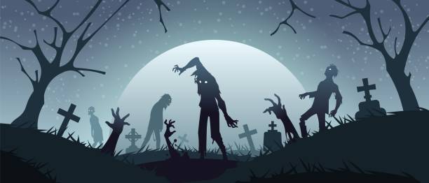 ilustrações de stock, clip art, desenhos animados e ícones de zombies on graveyard. cemetery background with scary monsters silhouettes and creepy gravestones. spooky night landscape. undead climb out of grave. vector horror scene with walking dead - apocalypse date