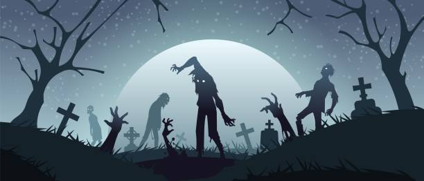 Zombies on graveyard. Cemetery background with scary monsters silhouettes and creepy gravestones. Spooky night landscape. Undead climb out of grave. Vector horror scene with walking dead Zombies on graveyard. Cemetery background with scary monsters silhouettes and creepy gravestones. Spooky night misty landscape. Undead climb out of grave. Vector cartoon horror scene with walking dead zombie stock illustrations