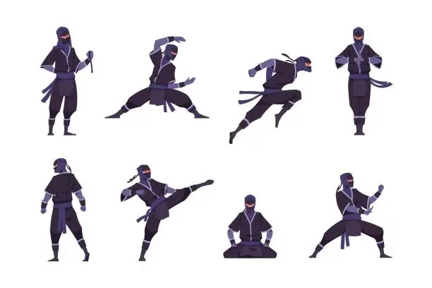 Vector illustration of Cartoon ninja. Funny Japanese warrior character in kimono standing in fight position. Shinobi sitting in lotus pose for meditation. Combat motions of Asian man. Vector kawaii mascot set