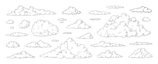 Clouds sketch. Vintage hand drawn sky background with large and small detailed cloudy shapes. Retro pencil drawing. Isolated monochrome cloudscape elements set. Vector engraving heaven Clouds sketch. Vintage hand drawn sky background with large and small detailed fluffy cloudy shapes. Retro pencil drawing. Isolated monochrome cloudscape elements set. Vector engraving heaven template cumulus clouds drawing stock illustrations