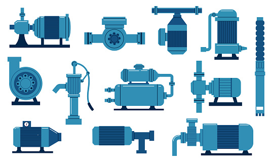 Water pump. Oil industry compressor with motor. Engineering aqua tank with tubes and valves. Isolated blue diesel supply system. Plumbing electric machine collection. Vector sewer piping equipment set