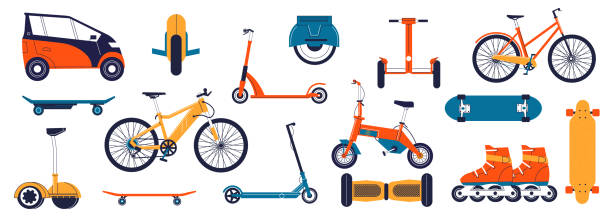 stockillustraties, clipart, cartoons en iconen met light transport. cartoon personal transportation vehicles. rollers skate and electric hoverboard, monowheel. isolated image collection. skateboard or bicycle. vector urban bikes set - zelfbalancerend board