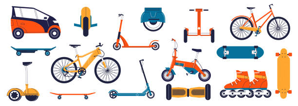 ilustrações de stock, clip art, desenhos animados e ícones de light transport. cartoon personal transportation vehicles. rollers skate and electric hoverboard, monowheel. isolated image collection. skateboard or bicycle. vector urban bikes set - miniature city isolated