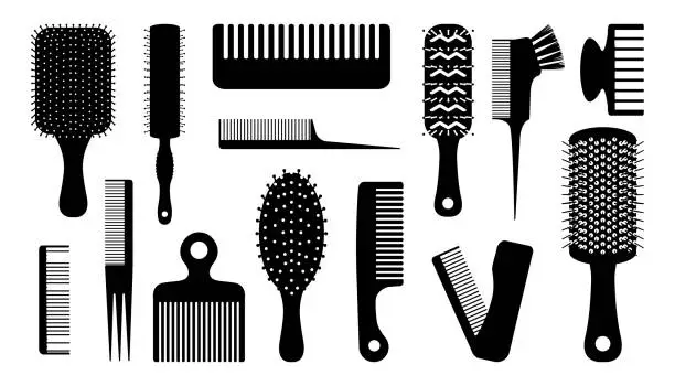 Vector illustration of Black hair brush. Silhouettes of combs for haircut. Barber and hairdresser tools. Hairstyling or haircutting equipment. Beauty salon elements. Vector round and flat hairbrushes set