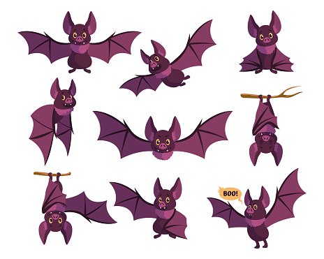 Cute bat. Cartoon funny animal character flying and hanging upside down on branches. Isolated kids vampire mascots standing. Night wild winged creatures. Vector Halloween elements set