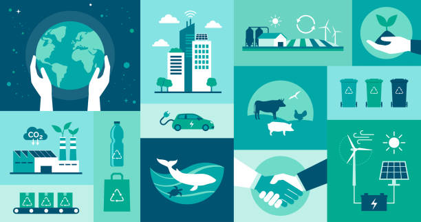 ilustraciones, imágenes clip art, dibujos animados e iconos de stock de ecología, sostenibilidad y ciudades inteligentes - sostenibilidad