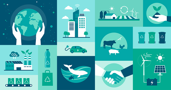 Ecology icons set: environmental protection, smart cities, sustainable industry and agriculture, animal welfare and renewable energy concept