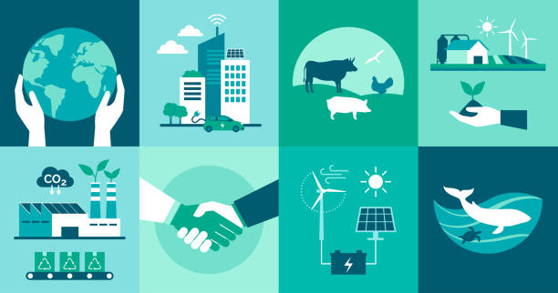 Ecology, sustainability and smart cities Ecology icons set: environmental protection, smart cities, sustainable industry and agriculture, animal welfare and renewable energy concept carbon footprint stock illustrations