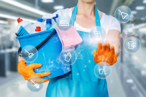 istock Cleaning lady clicks on a cleaning service button on a virtual computer screen. 1339300782
