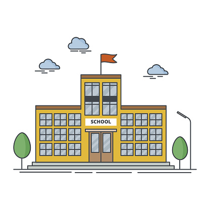School building with trees isolated on white background. Outline vector illustration in cartoon style.