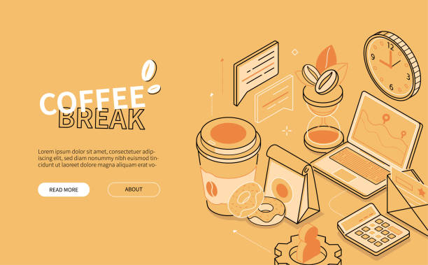 illustrazioni stock, clip art, cartoni animati e icone di tendenza di coffee break - banner web isometrico in stile line design - merenda