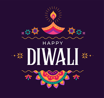 Happy Diwali Hindu festival banner, greeting card. Burning diya illustration, background for light festival of India. Vector illustration