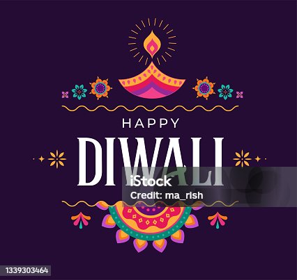 istock Happy Diwali Hindu festival banner, greeting card. Burning diya illustration, background for light festival of India 1339303464