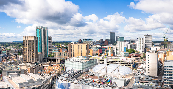 A high angle view of the skyline of Birmingham, the UK's second largest city, situated in the West Midlands of England.