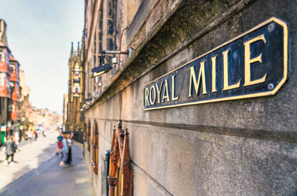 Royal Mile in Edinburgh's Old Town A sign for the famous Royal Mile, the centre of the city's historic Old Town. royal mile stock pictures, royalty-free photos & images