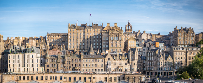 A panoramic view of Edinburgh's historic Old Town, seen from the north during sunny summer weather.