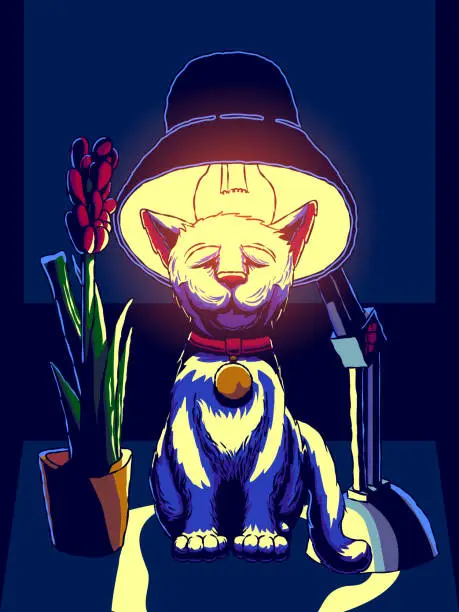 Vector illustration of The cat is basking under a table lamp.