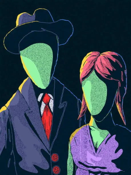 Vector illustration of Creepy Portrait - Faceless Man and Woman.