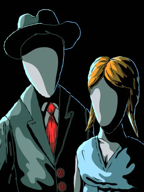 Vector illustration of Creepy Portrait - Faceless Man and Woman.