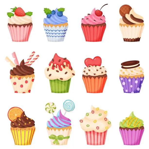 Vector illustration of Cartoon cupcake with various toppings, delicious sweet desserts. Muffins or cupcakes with chocolate cream, fruits. Confectionery vector set