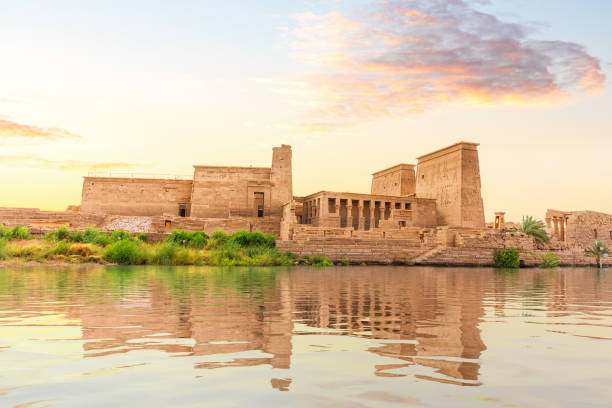 Temple of Isis on Philae Island at sunset, view from the Nile, Aswan, Egypt stock photo