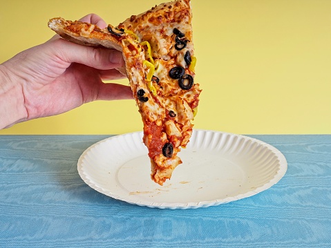 Sloppy Brooklyn style pizza handheld on a paper plate.  Floppy pizza slice being held as it drips onto a paper plate with pastel colored wall background. Room for copy space.