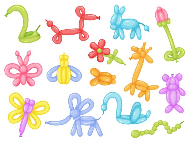 kreskówkowe balonowe zwierzęta, kolorowe balony na urodziny dzieci. śmieszne zabawki dla zwierząt żyrafa, motyl, wystrój na przyjęcie urodzinowe zestaw wektorowy - balloon twisted shape animal stock illustrations