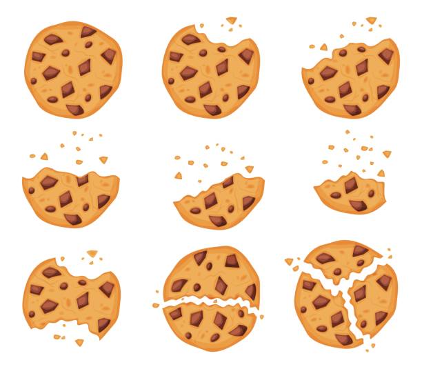 illustrations, cliparts, dessins animés et icônes de biscuits à l’avoine émiettés avec pépites de chocolat, biscuit mordu. morceaux de biscuits cassés de dessin animé, biscuits croustillants sucrés avec un ensemble vectoriel de miettes - croustillant