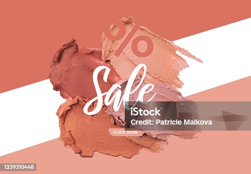 istock Vector beauty cosmetic sale web banner with realistic make-up smear smudge, face foundation, art painting, cosmetic beautician design, sale banner with make up flower 1339310448