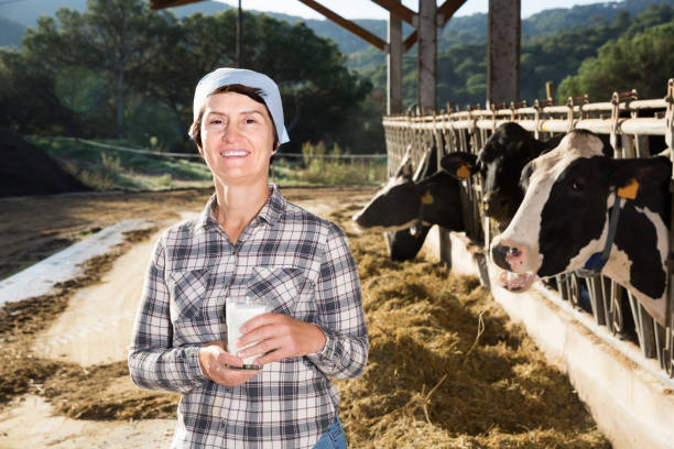 istock Confident female milker approvingly demonstrating milk on dairy farm 1339312930