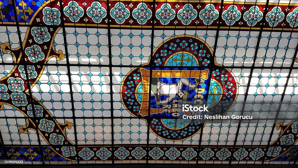 Stained glass window, Porto. Stained glass skylight at the famous Livraria Lello and Irmao Chardron bookstore in Porto Livraria Lello Stock Photo