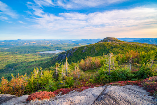 Breathtaking panorama of Lac-des-Cygnes mountain and Fall colors, Charlevoix, Qc, Canada